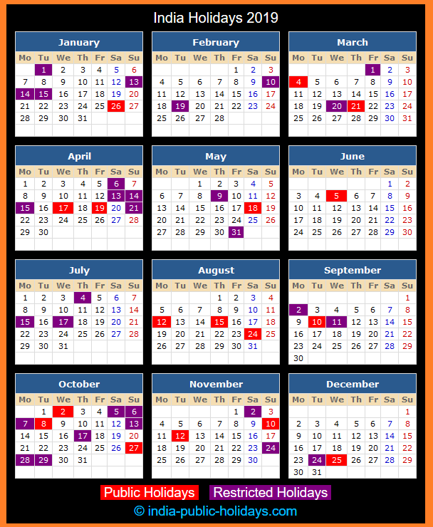 India Holiday Calendar 2019